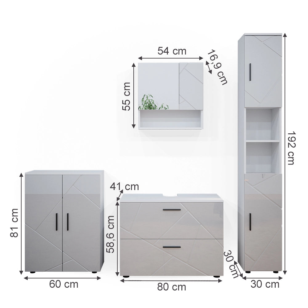 Vicco Set mobili bagno Bianco lucido 4 pezzi, con cassettiera e mobile midi