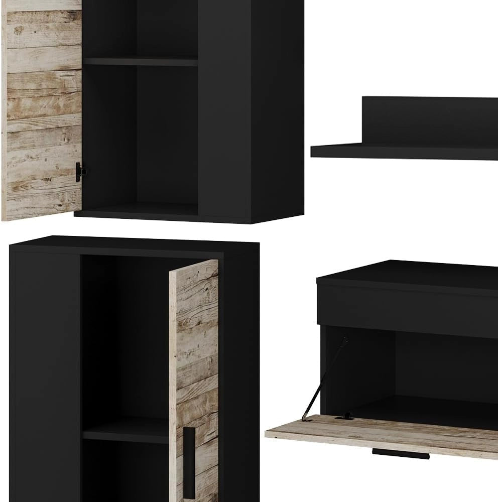 Parete attrezzata Berno, Antracite/beige, Set di 4 pezzi, per la conservazione di dispositivi multimediali e accessori