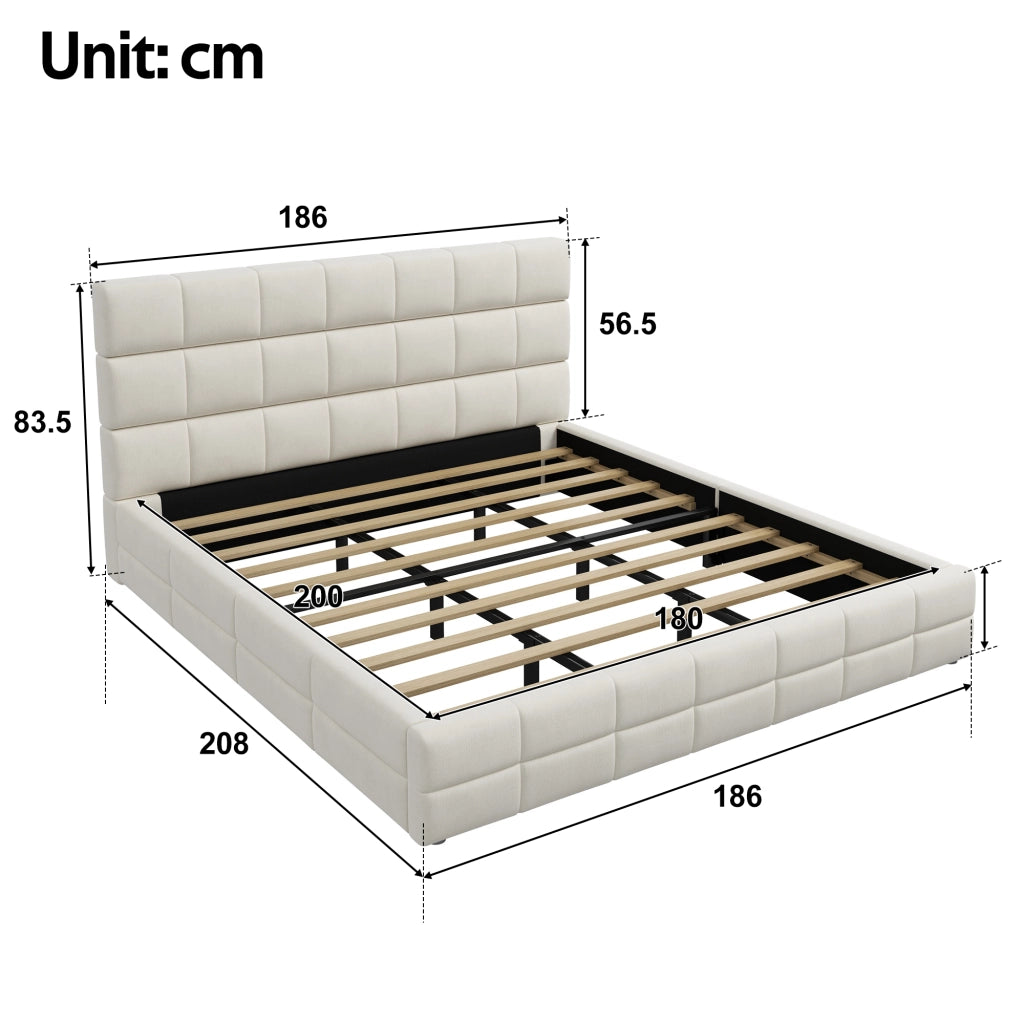 Letto imbottito matrimoniale 180 × 200 cm con testiera, senza materasso, in velluto beige, struttura in MDF e multistrato