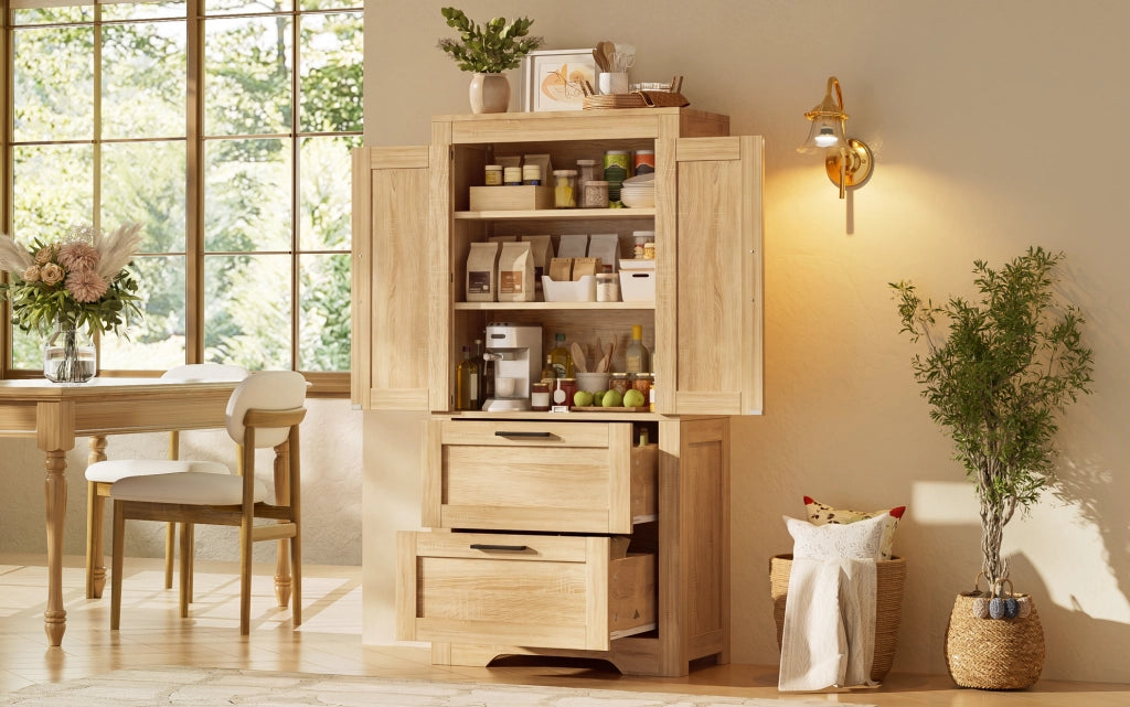 Mobile alto 60x30x128 cm con 2 cassetti e ripiani regolabili in MDF colore naturale