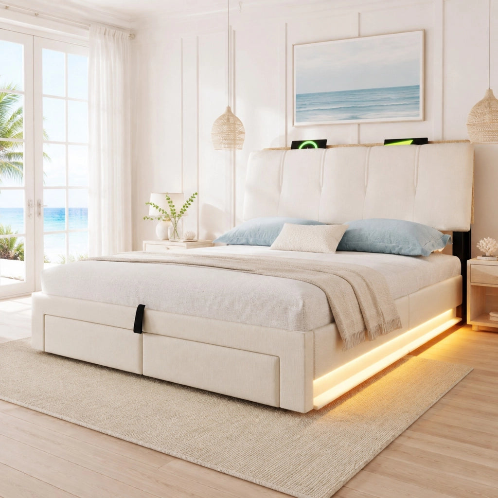Letto imbottito con contenitore, USB e LED, 140 x 200 cm, beige