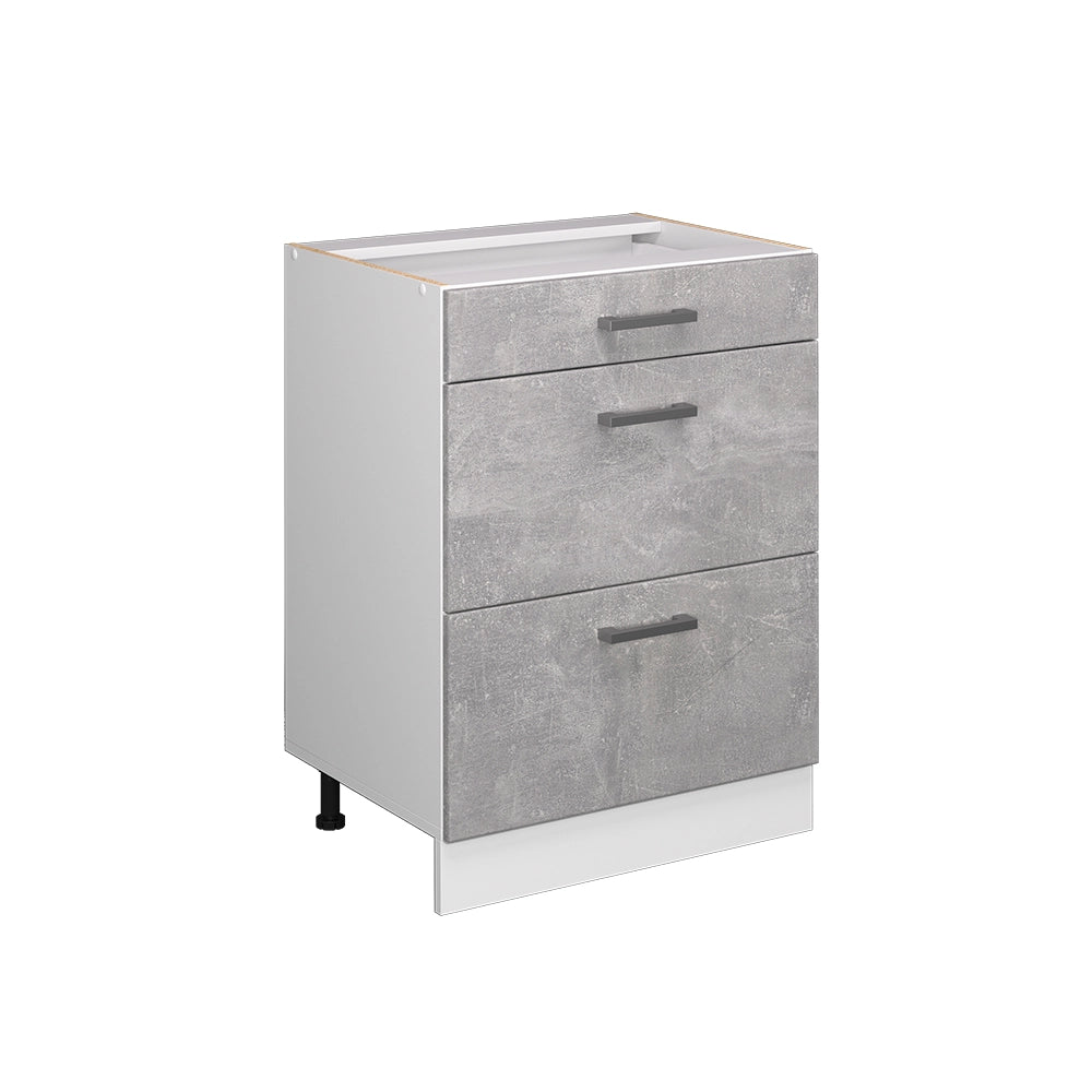 Mobiletto base per cucina R-Line Calcestruzzo/Bianco 60 cm con cassetti, senza piano di lavoro Vicco