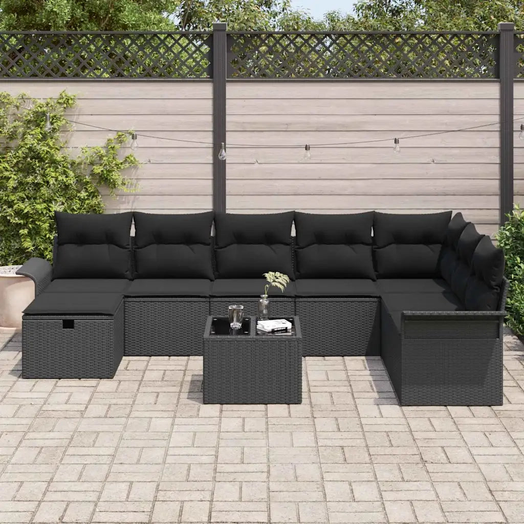 Set Divano da Giardino con cuscino 9 pcs Nero polyrattan