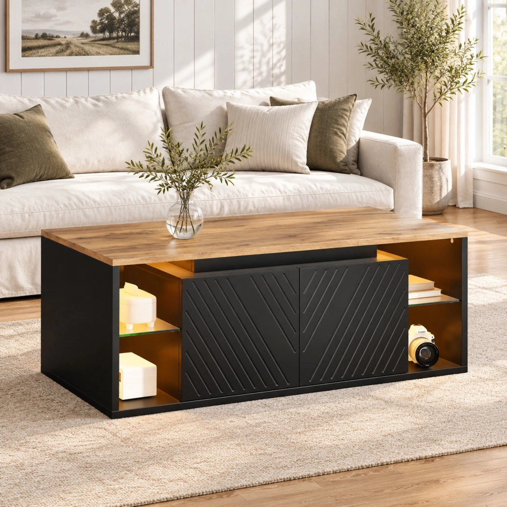 TAVOLINO da caffè 100x50x41 cm Nero con LED e ripiani semiaperti