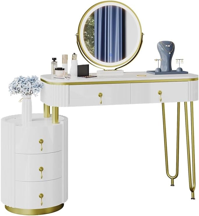 Tavolo da toeletta Charlène, Bianco, 100 cm con specchio a LED, con illuminazione LED e grande specchio per montaggio a parete