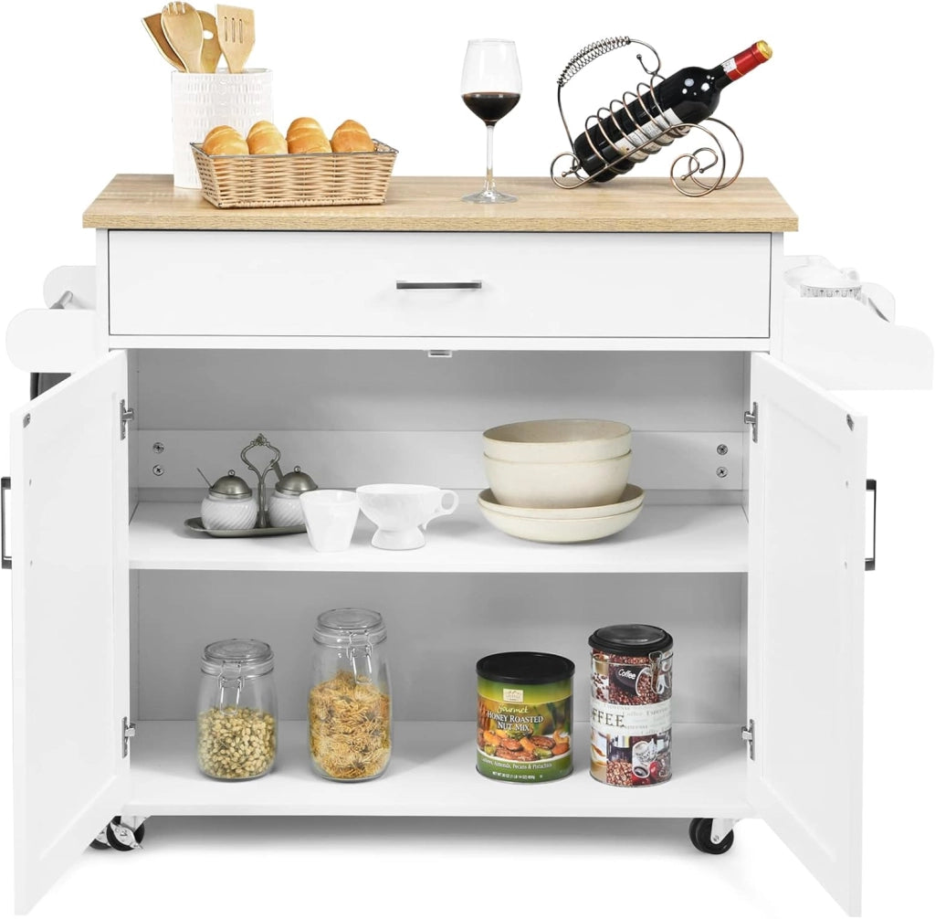 Carrello da Cucina, Credenza Mobile con Cassetto, Anta Doppia, Portaspezie e Portasciugamano, Ripiani Regolabili, Ruote con Freni, Portata di 50 kg, 116x40x85 cm, 4 Colori (bianco)
