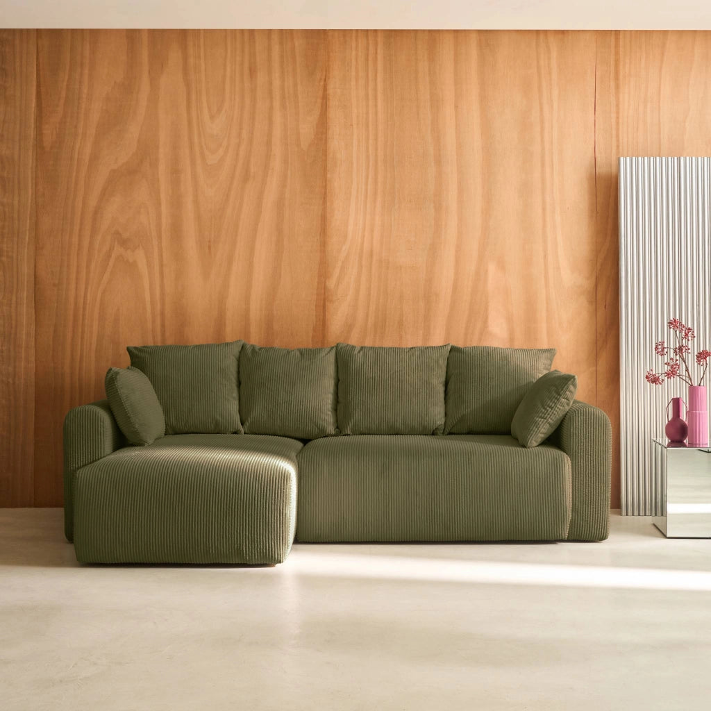 Divano letto angolare reversibile in velluto a coste, 3 posti, verde