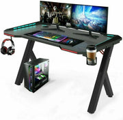 Bureau da gaming Deluxe con illuminazione RGB - Tavolo da gaming - Supporto per cuffie e bicchiere - Nero - 120cm