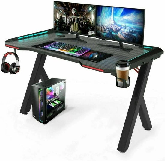 Bureau da gaming Deluxe con illuminazione RGB - Tavolo da gaming - Supporto per cuffie e bicchiere - Nero - 120cm