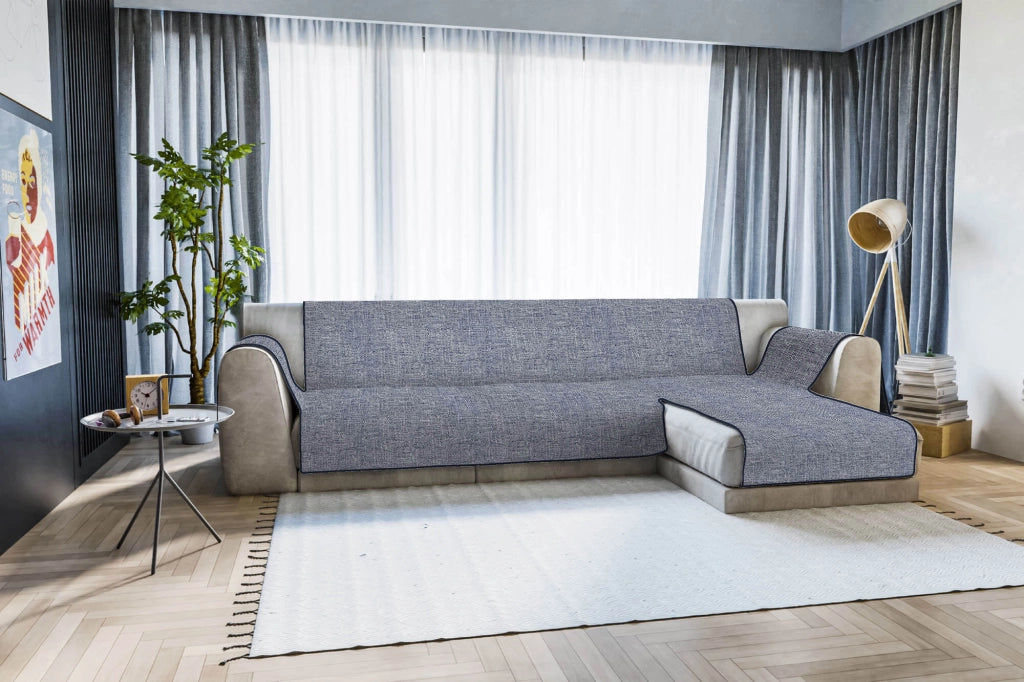 Copridivano in Poliestere con Penisola Destra Seduta 240 cm Blu Scuro