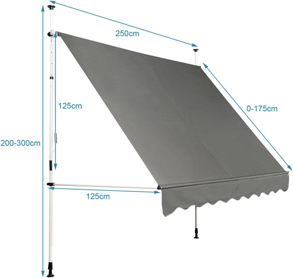 Tenda avvolgibile per esterni, tenda manuale con altezza regolabile tra 190 e 300 cm, tenda da sole per terrazza, balcone, giardino, 250 x 120 cm