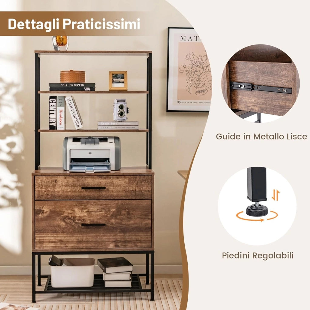 Scaffale Porta Stampante, Suppoto per Stampante in Legno con 4 Ripiani e 2 Cassetti, per Soggiorno, Ufficio e Studio, 75 x 40 x 156 cm (Marrone rustico)