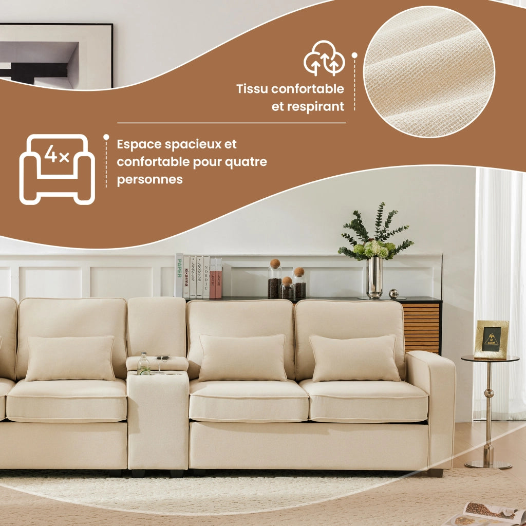 Divano 4 Posti con Consolle; 2 Portabicchieri; 2 Porte USB e Tasche laterali in Lino Beige