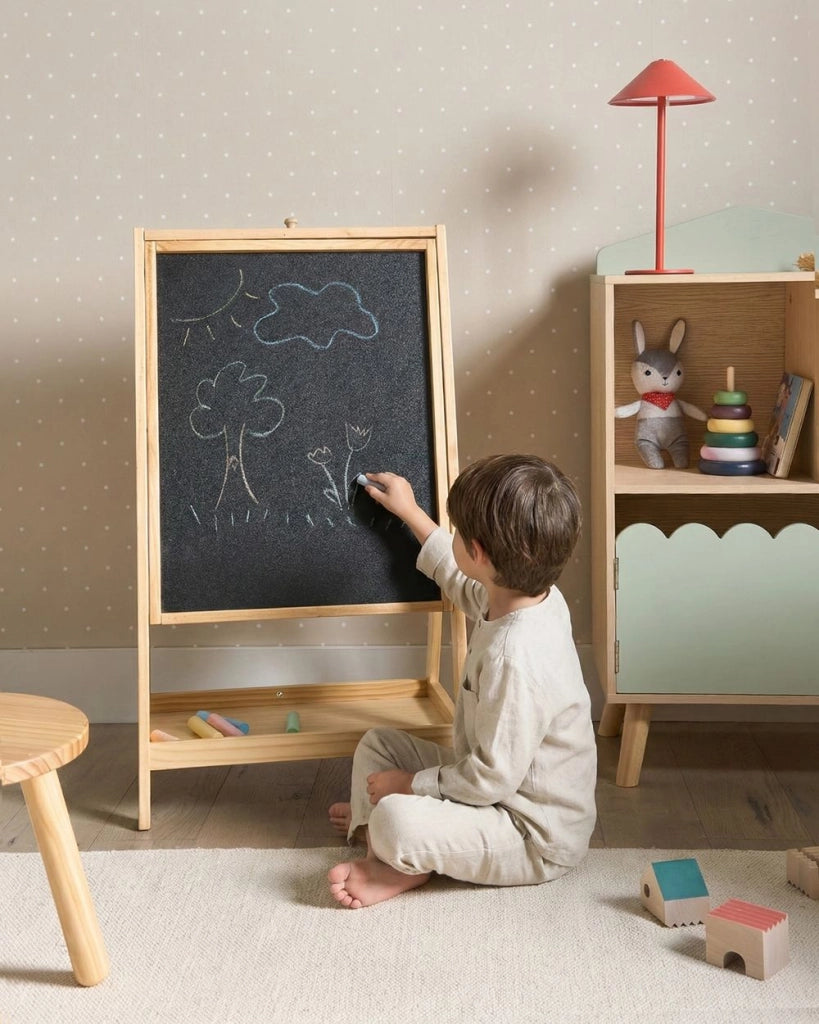 Lavagna magnetica bifacciale in legno di pino marrone chiaro per la cameretta dei bambini Imparare giocando.