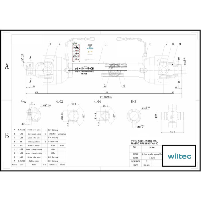 Albero cardanico T4 Giunto 1300-1430mm 460Nm 540rpm Cardano 40kW (55CV) 1 3/8" 6 denti 35mm rotondo