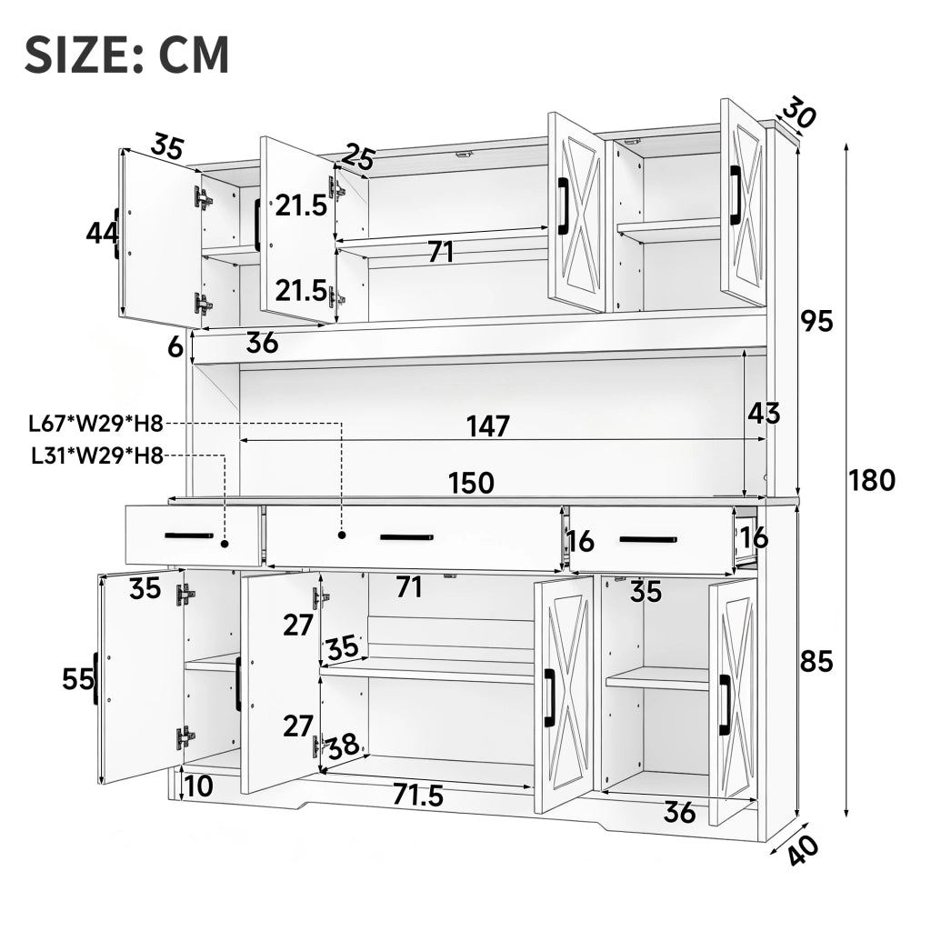 Credenza alta da cucina LED con 2 portabicchieri; ripiani regolabili; prese e USB; bianca; 150 × 40 × 180 cm