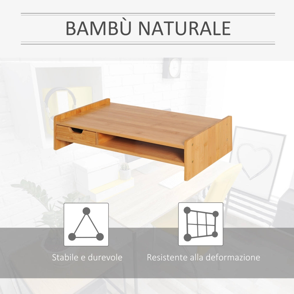 Supporto Monitor con Spazio per Mouse e Tastiera e Ripiano con Cubo Portaoggetti 49x25,5x11,5 cm in Bambù