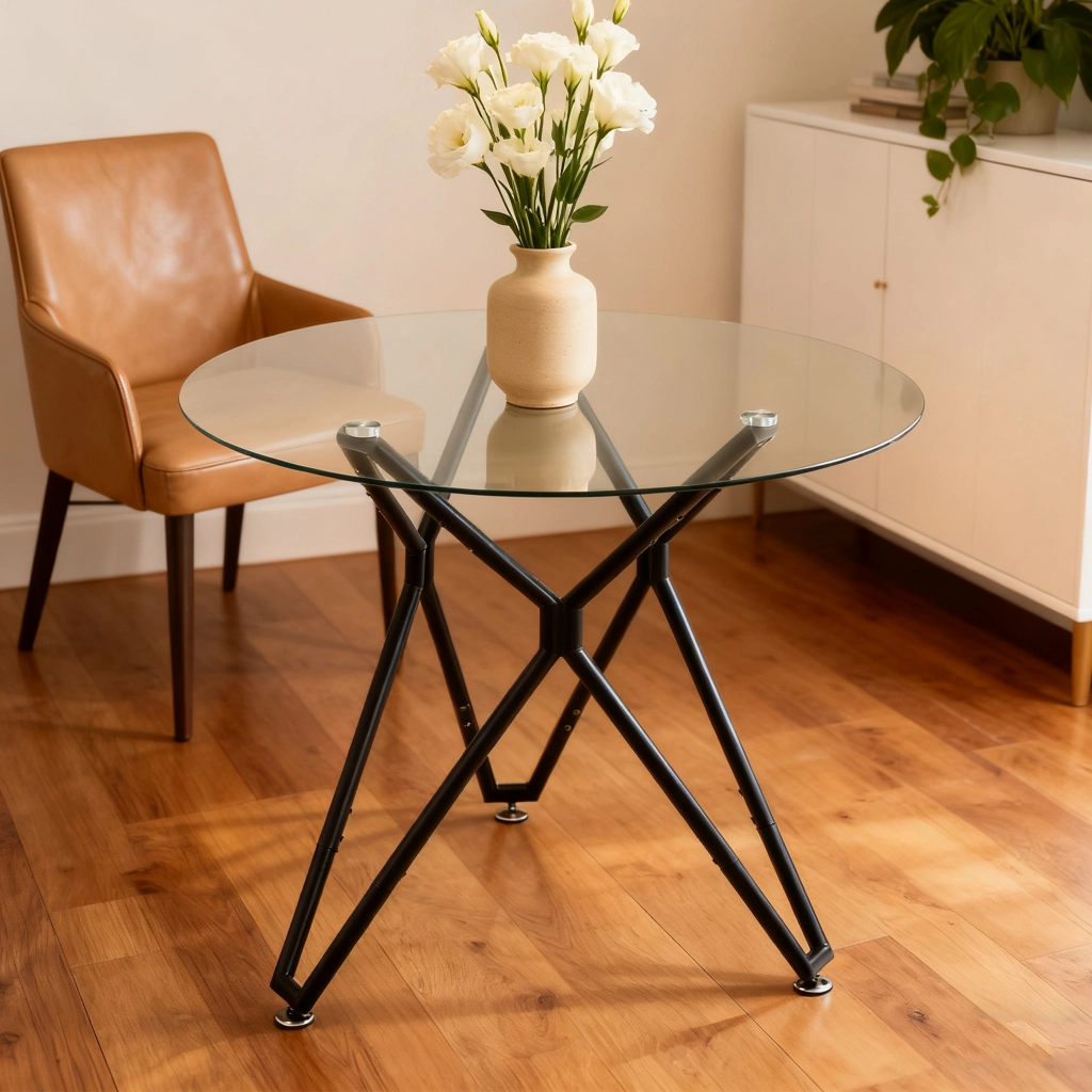 Tavolo da pranzo rotondo in vetro temperato con gambe in metallo per sala da pranzo e soggiorno nero 90 cm