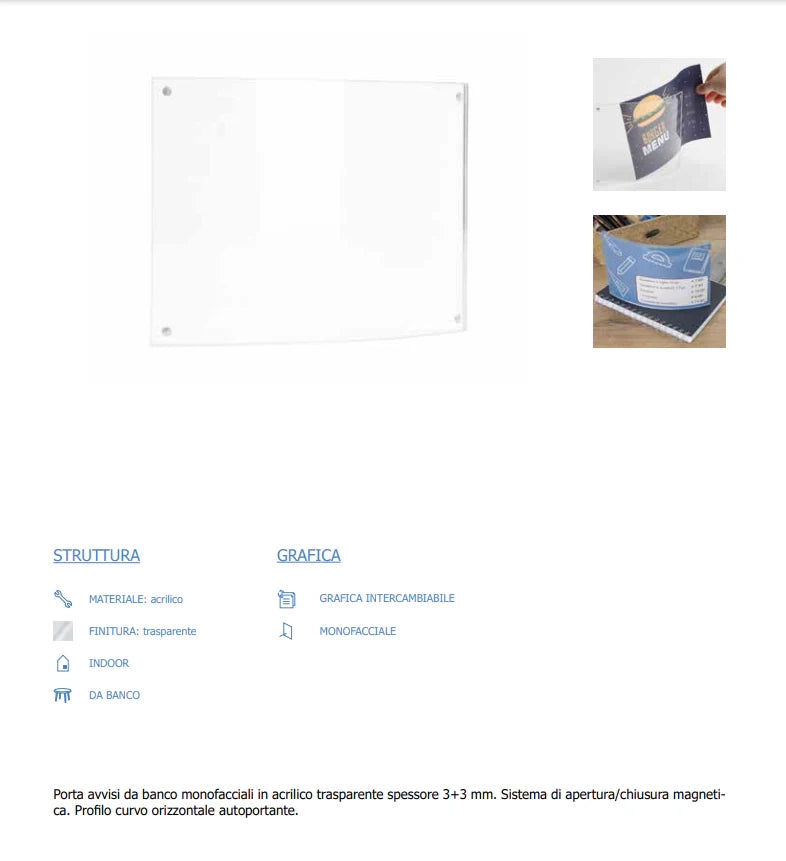 Porta avvisi da banco magnetico profilo curvo Monofacciale Orizzontale - A4 orizzontale