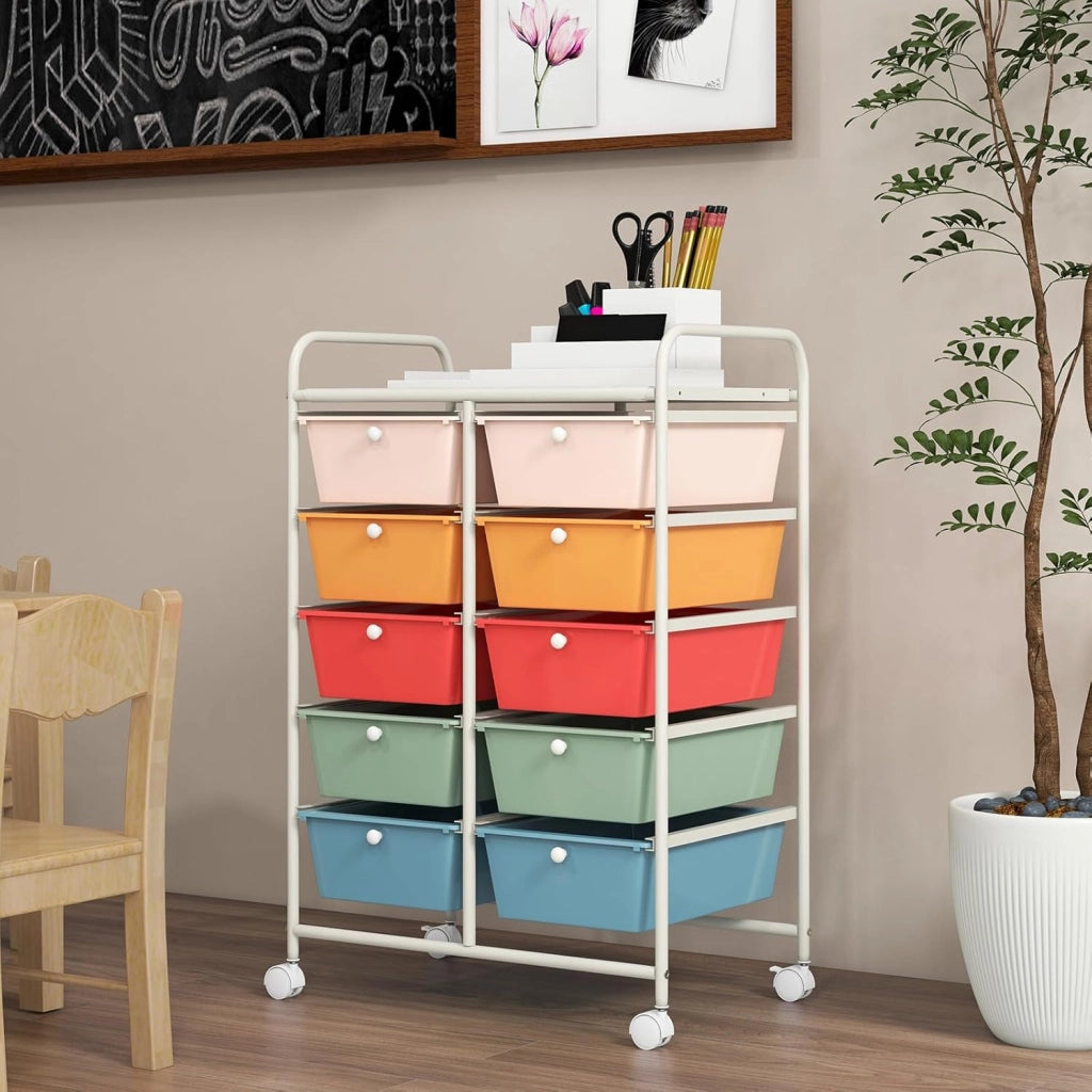 Carrello a 10 Cassetti con Ruote, di Stoccaggio con Stabilità Elevata, Multiuso per Casa Ufficio e Scuola, 65,5 x 37 x 87 cm (Bianco)