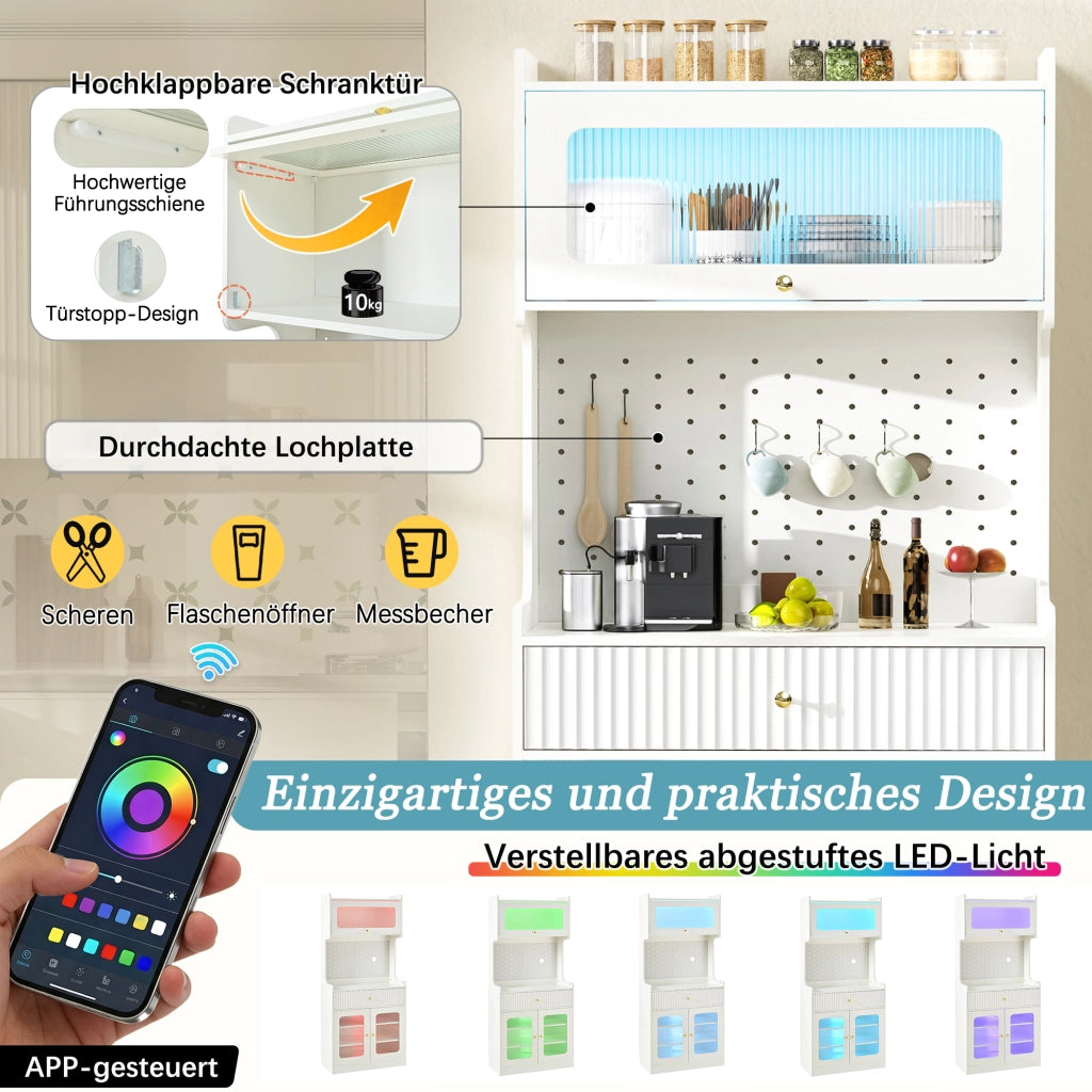Credenza alta con 1 cassetto, ripiani regolabili, LED e vetrina per cucina, soggiorno e sala da pranzo 80 × 40 × 180 cm