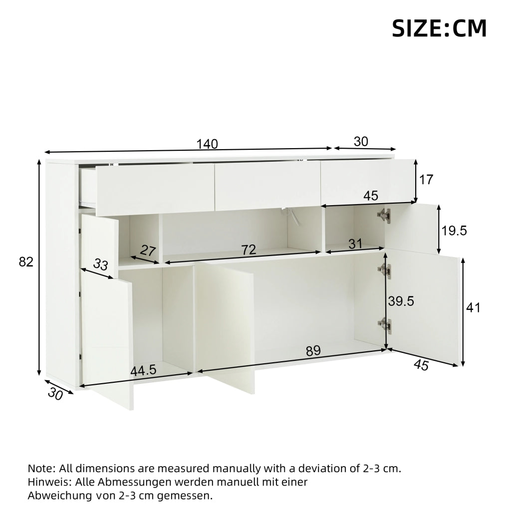 Credenza soggiorno 140 x 30 x 82 cm con 3 cassetti, 5 vani e luce LED, bianco lucido