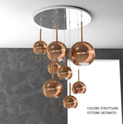SOSP. OTTONE SAT. TONDA 8 LUCI VETRI (1 GRANDE+2 MEDIO +5 PICCOLO) TUTTI RAME 1155OS-S8 TMIX-RA