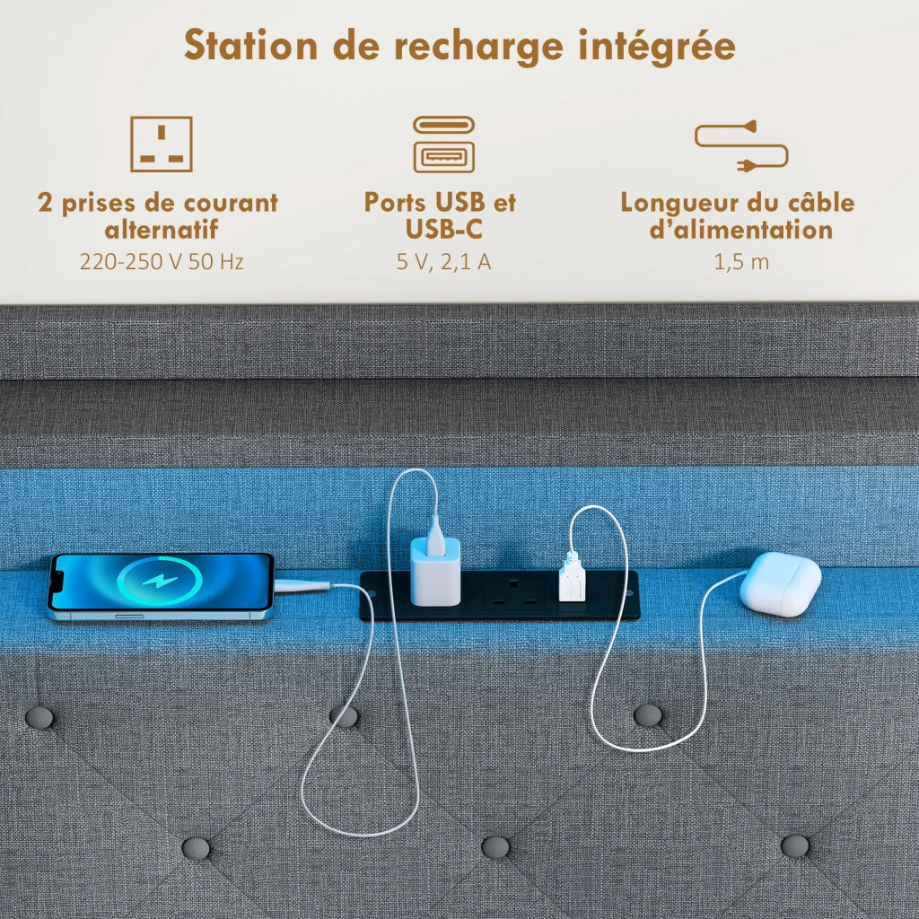 Letto Matrimoniale con Luci LED e Stazione di Carica ¨C zephmum ¨C Grigio 160x200 cm