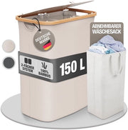 Asciugatrice 150L pieghevole con coperchio e 2 cassetti - asciugatrice di bambù stoffa beige - asciugabiancheria, cassettiera, contenitore asciugabiancheria, distributore asciugabiancheria per bagno, camera da letto & area asciugabiancheria
