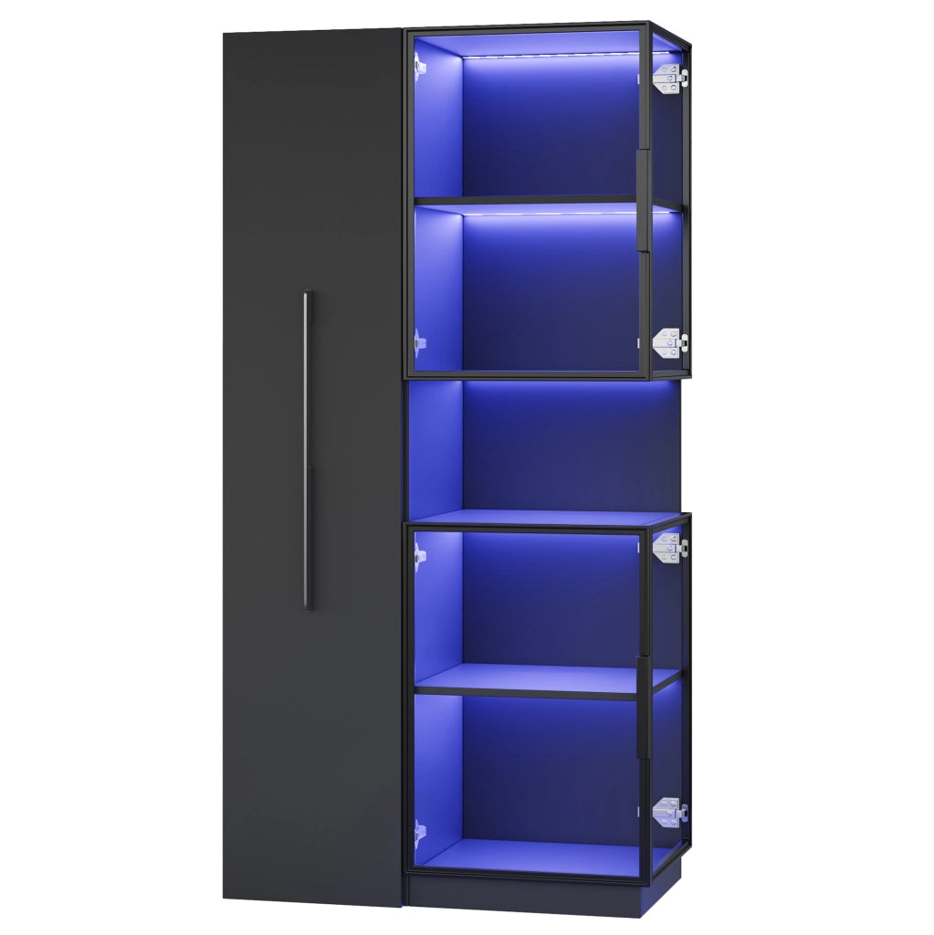 Vetrina alta 70x38x160 cm con vetro temperato; ripiani estraibili e LED multicolore; nera