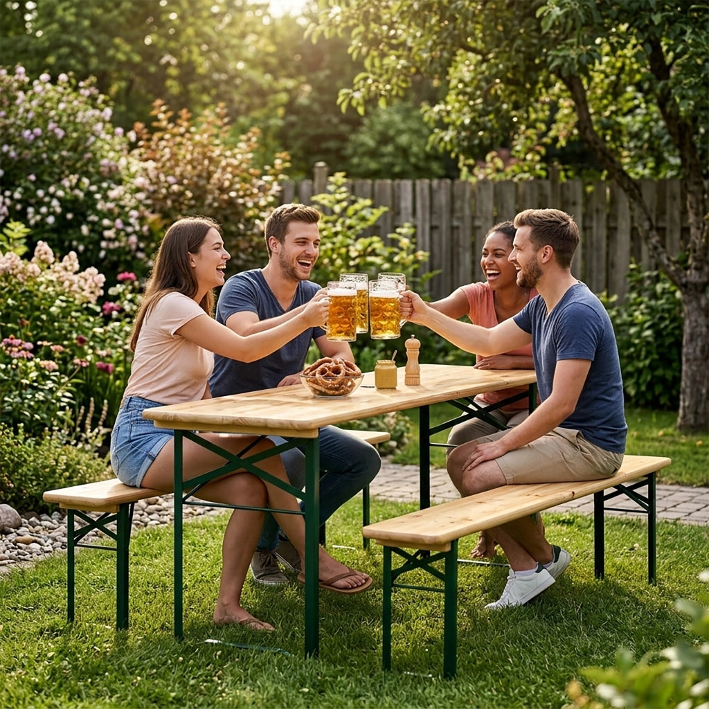 Set Birreria 200 x 70 Cm XL 8 Posti 3 Pezzi 2 Panche 1 Tavolo Pieghevole Panca Da Feste Sagra Legno Abete Struttura Acciaio