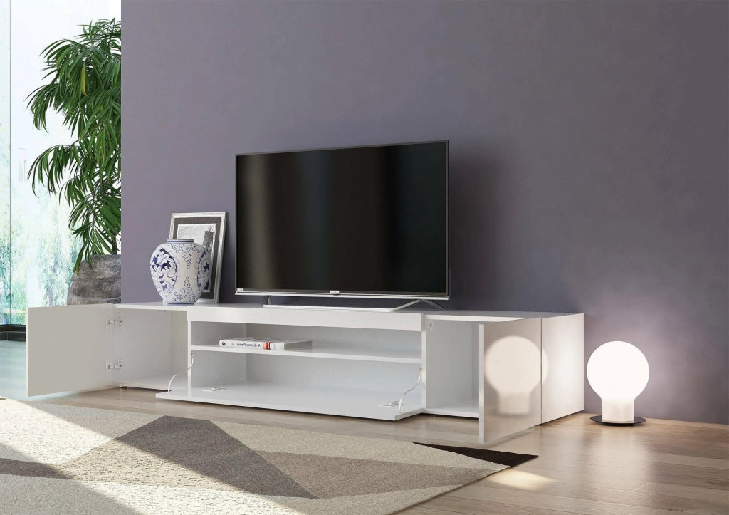 Mobile da soggiorno Porta Amore, Made in Italy, Supporto per Amore da salotto a 3 ante e ripiani, cm 200x40h37, Bianco lucido