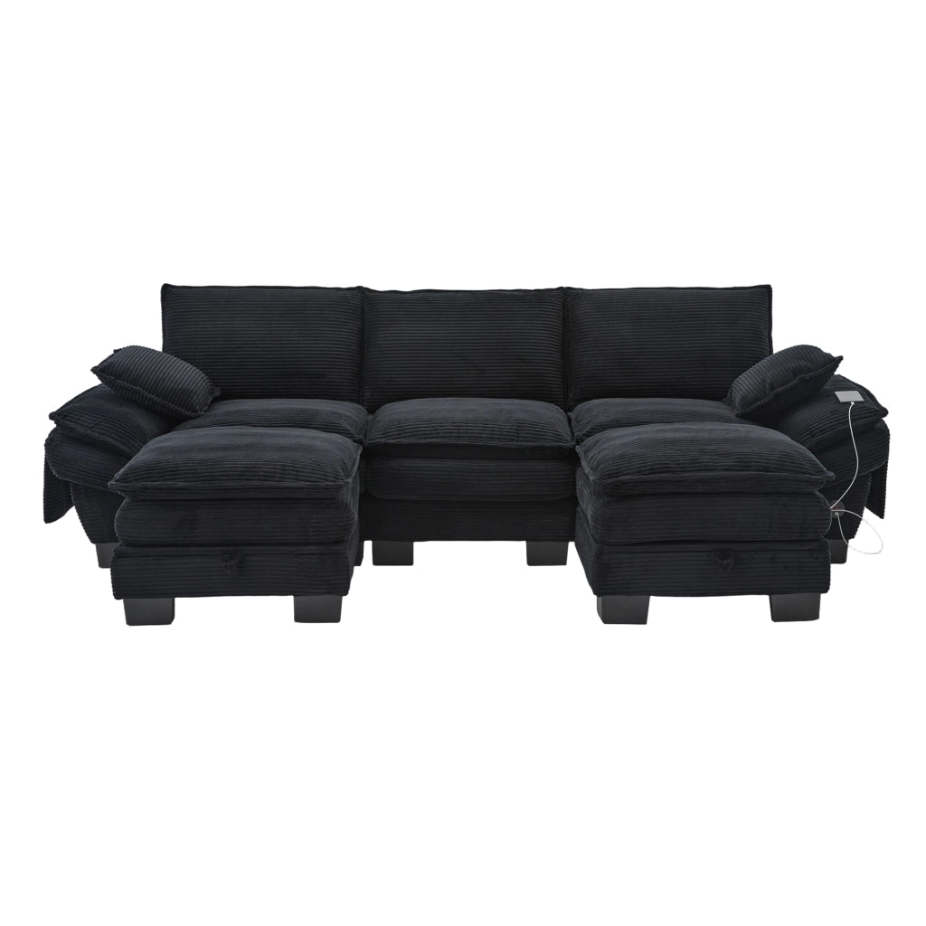 Divano modulare 3 posti con pouf, porta USB-C e tasche laterali, in velluto a coste nero 260 × 132 × 84 cm