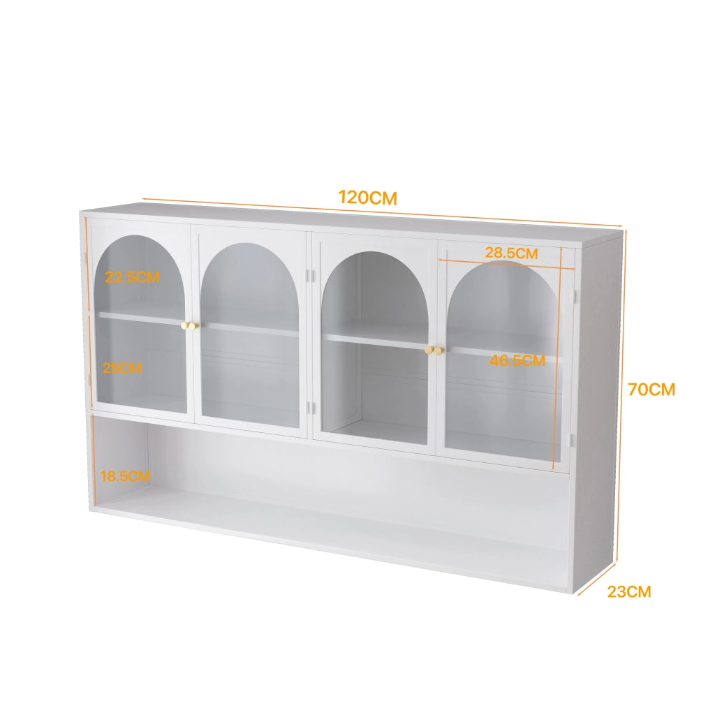 Mobile contenitore con 4 ante in vetro e metallo per cucina e soggiorno; 120×23×70 cm; bianco