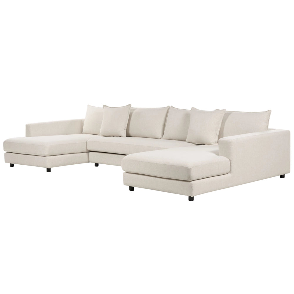 Divano ad angolo Beige Chiaro Tappezzato in poliestere Moderno a U 5 posti con pouf Cuscini extra Schienale imbottito