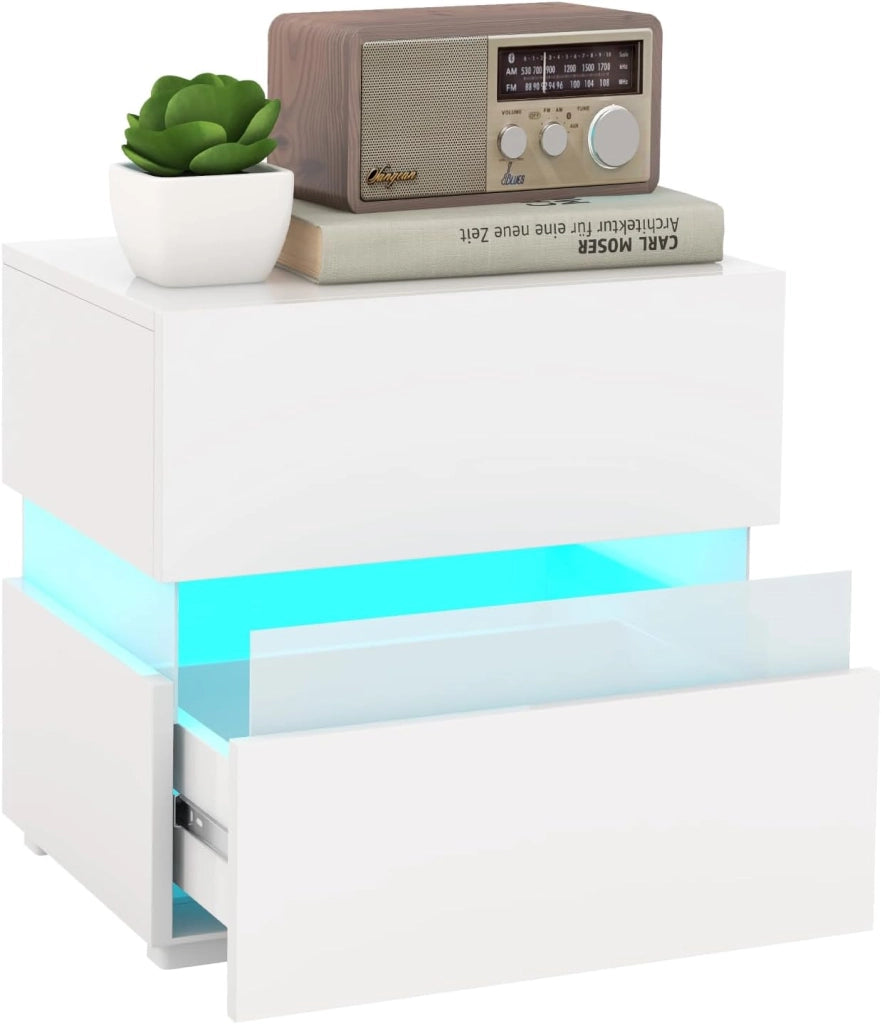Comodino con Illuminazione a LED, 45 x 35 x 45 cm, Comodino con 2 Cassetti, LED con 22 Modalità Dinamiche, 5 Livelli di Luminosità e Telecomando (1, Bianco)