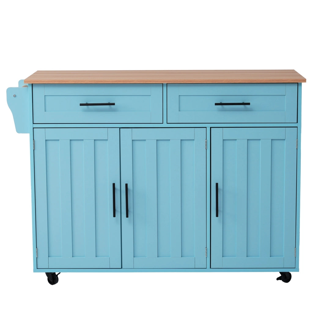 Isola da Cucina Mobile 129x46/71x91,5 cm Azzurra e Legno con Piano Ribaltabile, 2 Cassetti e 5 Ruote