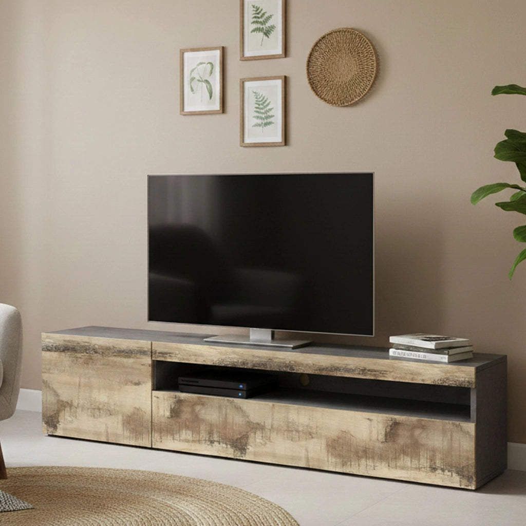 Mobile da soggiorno Porta Aquilo, Made in Italy, Supporto per Aquilo da salotto 2 ante, cm 150x40h37, Grigio Ardesia e Acero