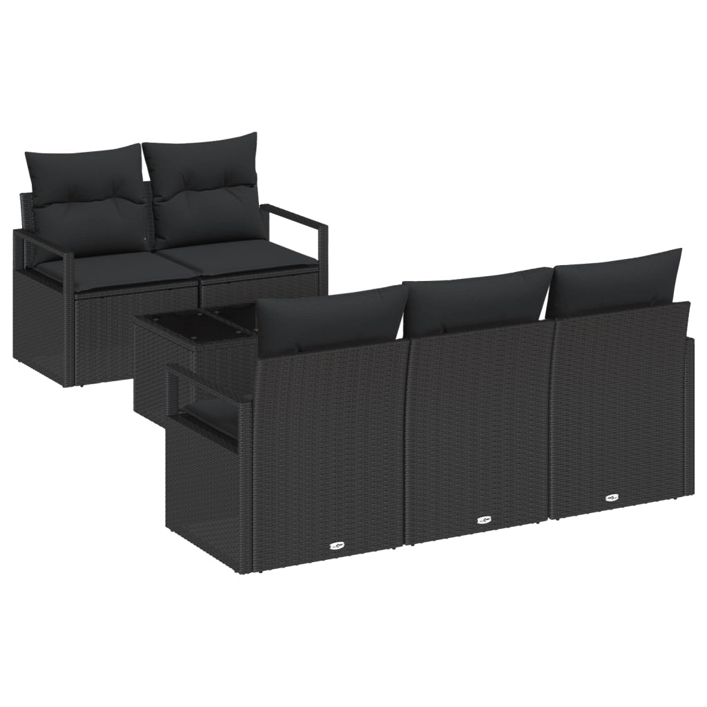 Set Divano da Giardino  6 Pezzi con Cuscini Nero Polyrattan
