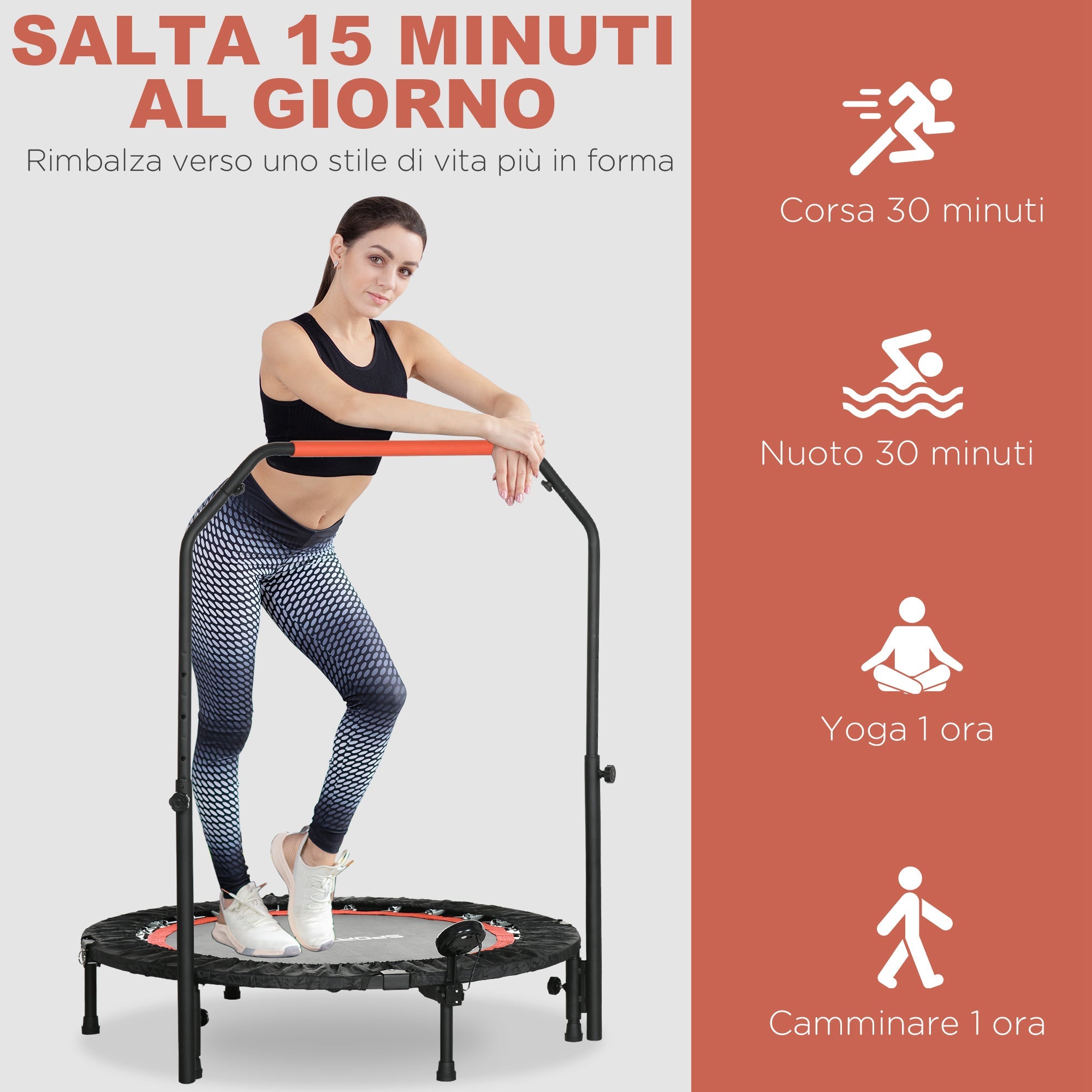 Mini Trampolino Fitness Ø102 cm Regolabile in Altezza Pieghevole con Manubrio Nero