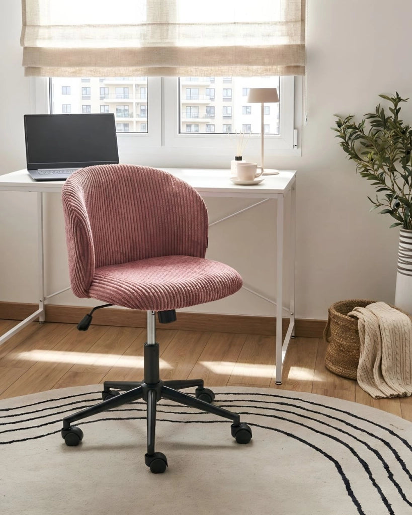 Sedia da ufficio rosa con seduta e schienale in velluto a coste, girevole, regolabile in altezza, moderna, per home office