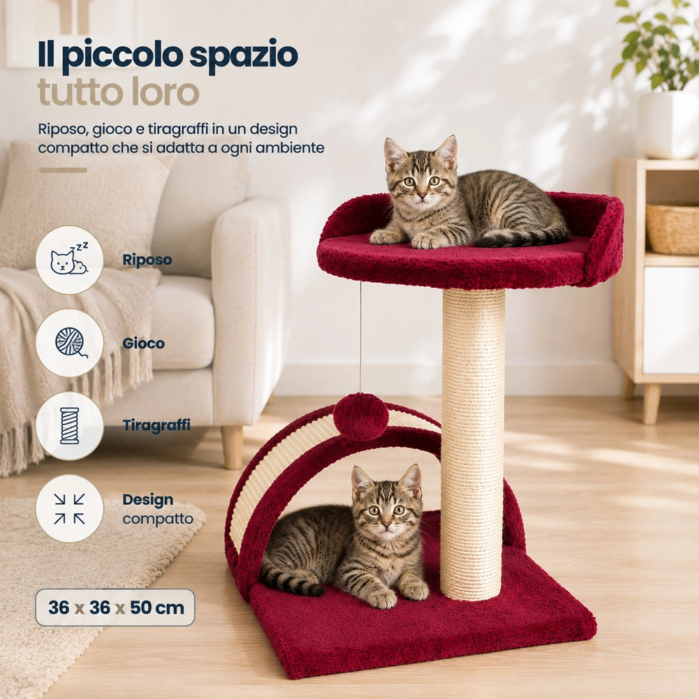 Tiragraffi Per Gatti Rosso Con Gioco Pallina Palo 50cm Topolino Tunnel Soffice