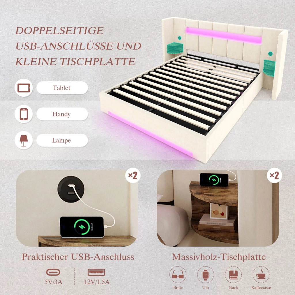 LETTO Contenitore 160x200 cm in velluto beige con USB, LED e idraulico