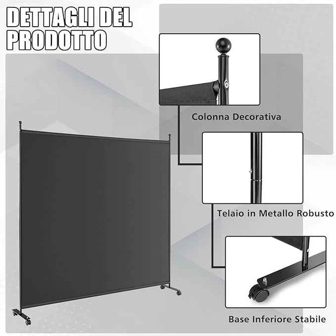 Separé Divisorio Singolo 184 x 184 CM, Paravento da Interno ed Esterno con Ruote Bloccabili, Pannello Divisorio per Ambienti Interni Portatile da Soggiorno Camera da Letto e Ufficio (Nero)