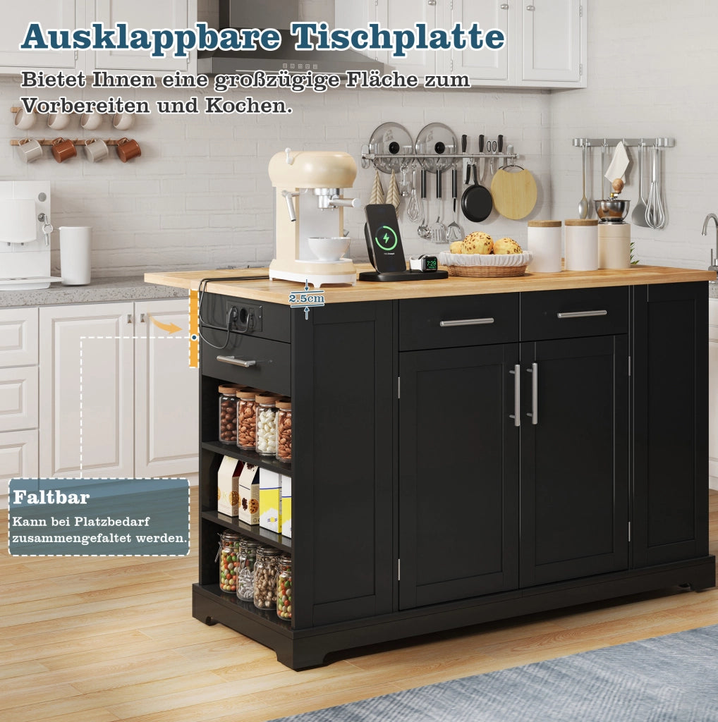 Isola cucina mobile 138 cm con piano ribaltabile e prese