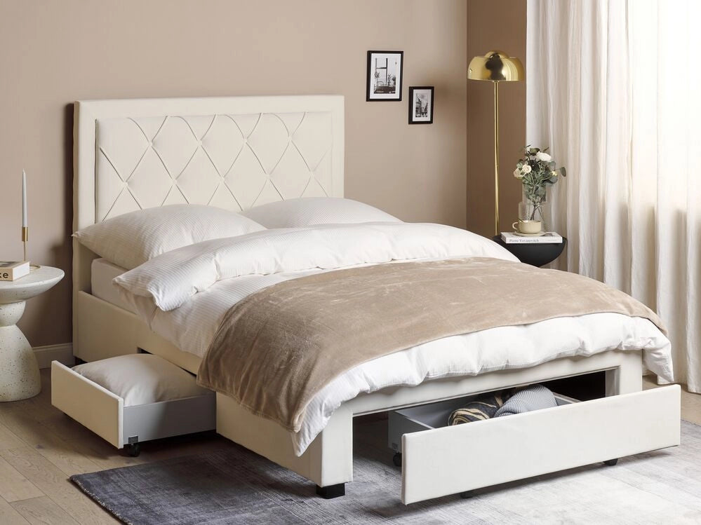 Letto matrimoniale contenitore tappezzeria in velluto beige 140 x 200 cm trapuntato testiera alta cassetti Glam Design