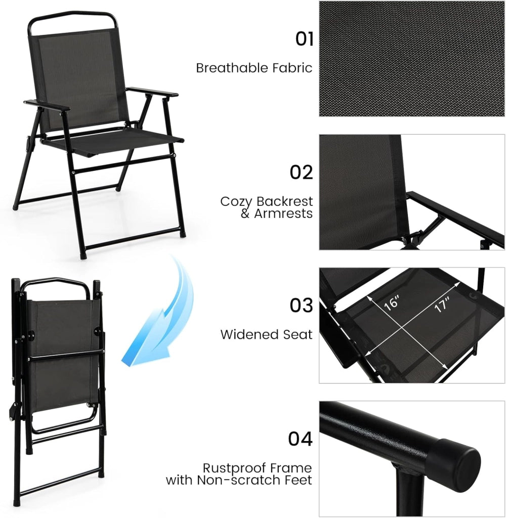 6 PCS Set da pranzo per il patio, set di mobili per il patio con ombrellone, tavolo da caffè con piano in vetro temperato e 4 sedie pieghevoli per esterni, terrazza, cortile, portico