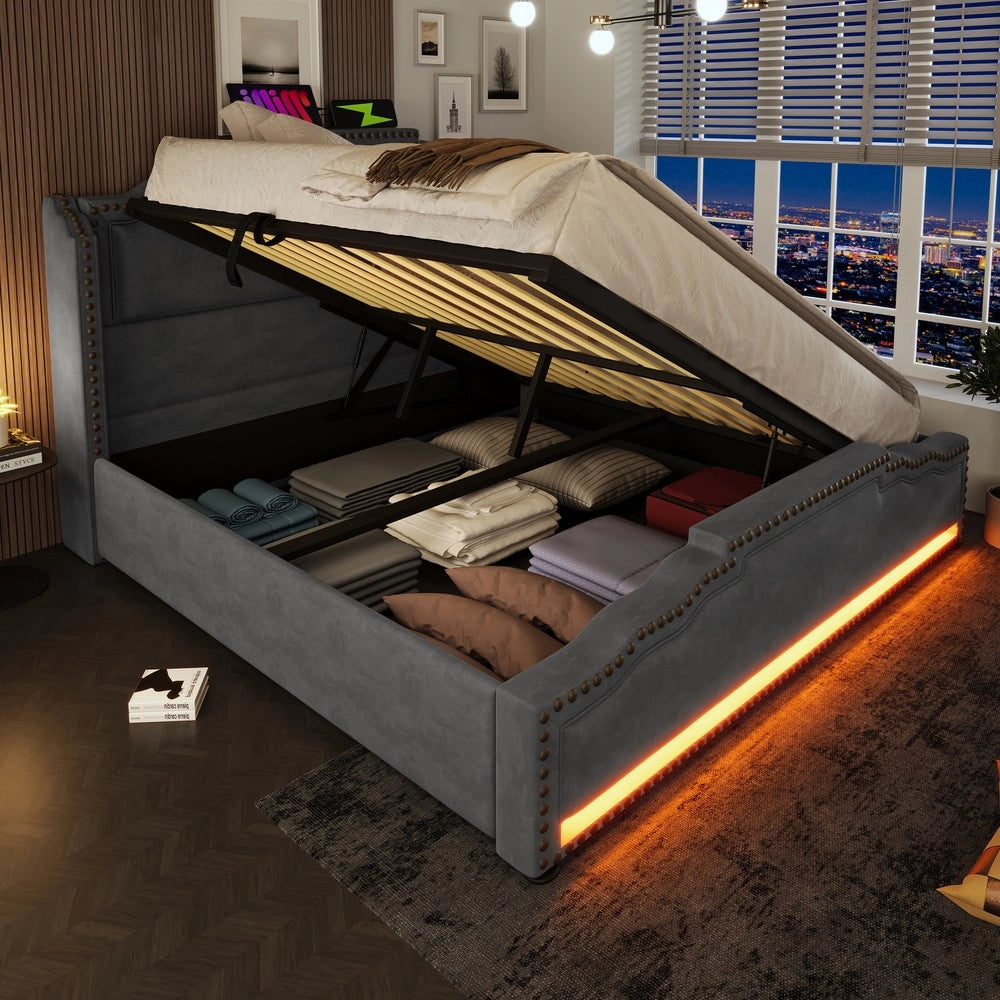 Letto Imbottito Contenitore 140x200 ¨C Xylo ¨C Velluto Grigio, LED, Idraulico, con Materasso