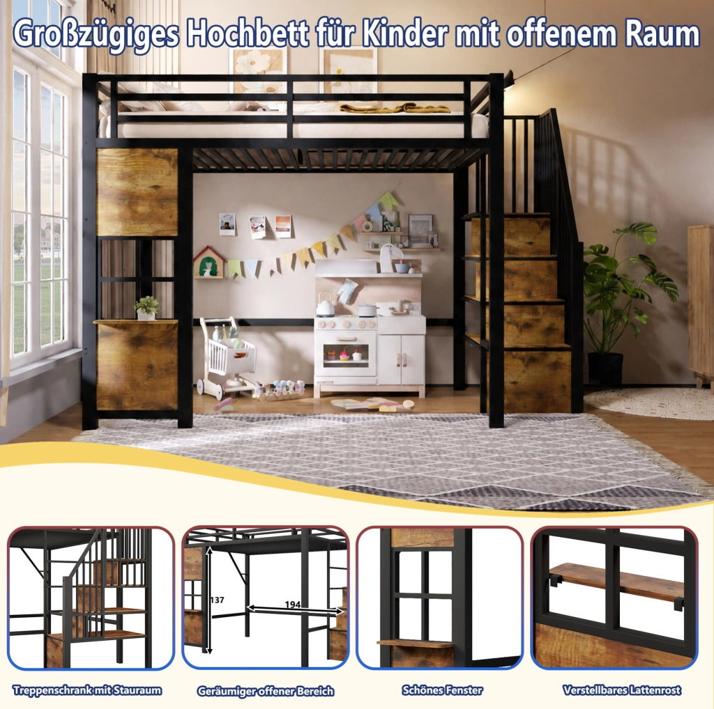Letto a soppalco per bambini 90x200 cm nero con scala