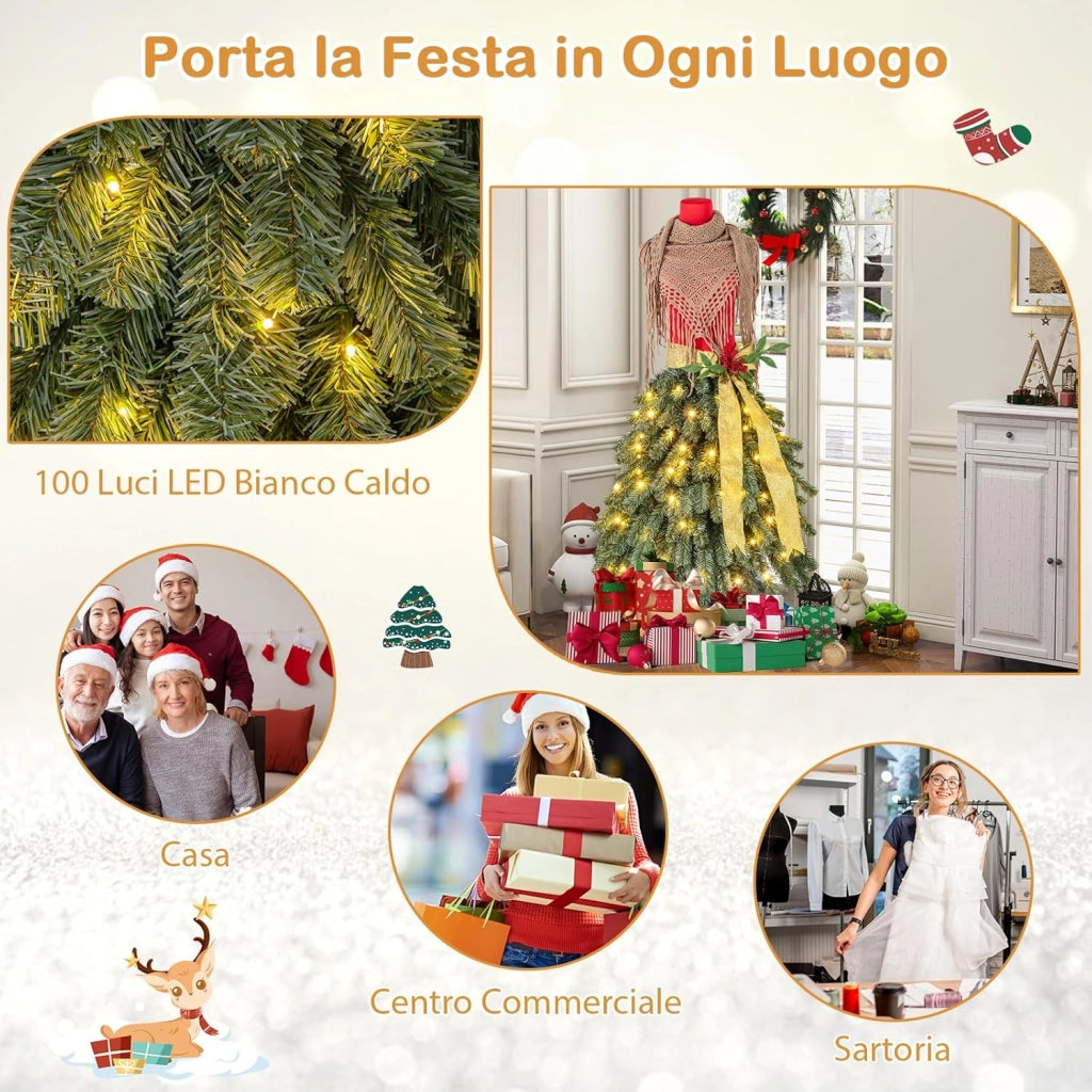 Albero di Natale Artificiale 150 cm con Manichino Pre-Illuminato, Albero di Natale a Forma di Abito con 248 Punte di Rami, 100 Luci a LED Bianche Calde, Sciarpa Rimovibile